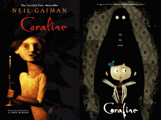 Coraline by Neil Gaiman — book cover and movie poster